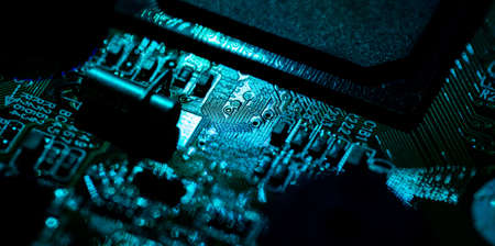 Macro Close up of components and microchips on PC circuit board.の写真素材