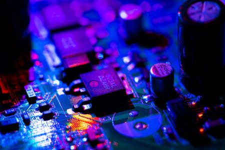 Macro Close up of components and microchips on PC circuit board.の写真素材