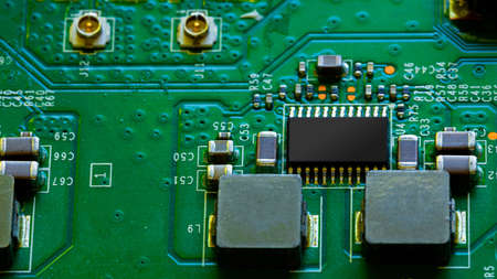 Macro Close up of components and microchips on PC circuit board
