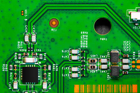 Macro Close up of components and microchips on PC circuit board