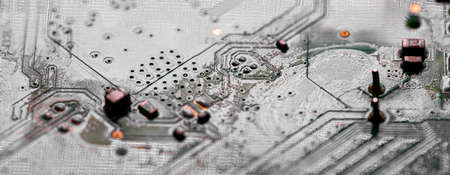 Macro Close up of printed wiring on PC circuit board of modem router