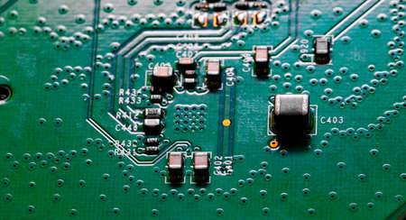 Macro Close up of components and microchips on PC circuit board