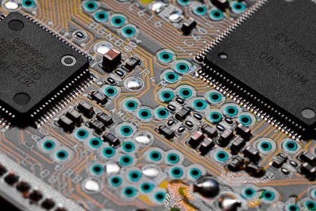 Macro Close up of printed wiring and components on PC circuit board