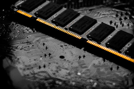 Macro Close up of computer RAM chip; random access memory chip slot for PC motherboardの写真素材