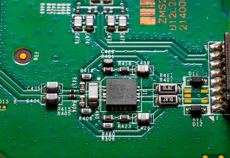 Macro Close up of components and microchips on PC circuit board
