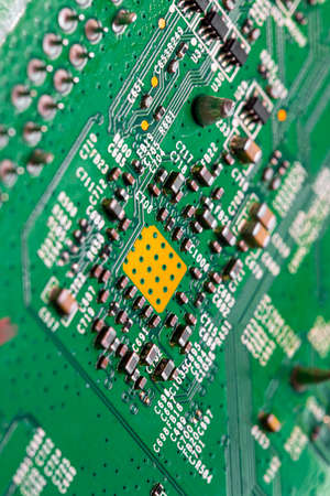 Macro Close up of printed wiring on PC circuit board of modem routerの写真素材