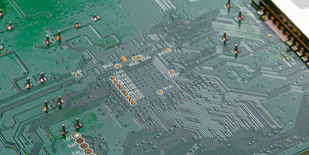 Macro Close up of printed wiring on PC circuit board of modem router