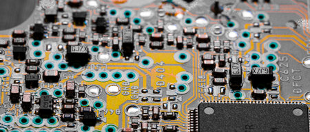 Macro Close up of printed wiring and components on PC circuit board