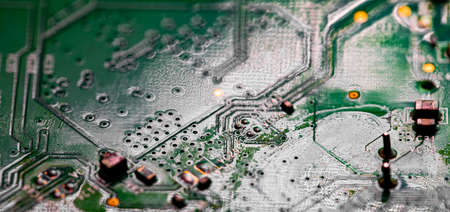 Macro Close up of printed wiring on PC circuit board of modem router