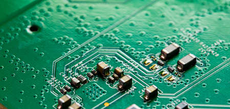 Macro Close up of printed wiring on PC circuit board of modem router