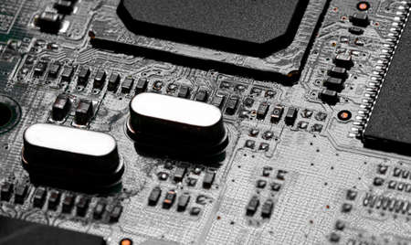 Macro Close up of components and microchips on PC circuit boardの写真素材