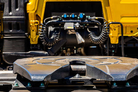 Close up of spiral hose pipes on the rear of a semi truck tractorの写真素材