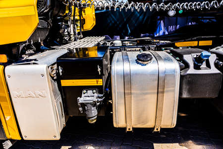 Cape Town, South Africa - February 17, 2022: Diesel fuel tank of MAN Trucks Brand Semi Tractor