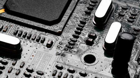 Macro Close up of components and microchips on PC circuit board