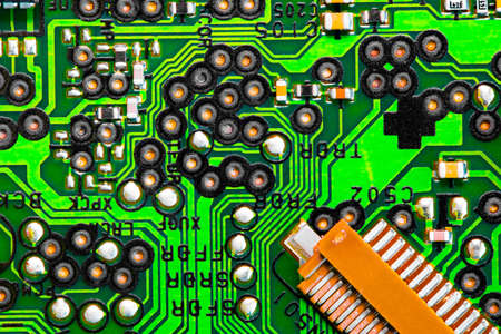 Macro Close up of components and microchips on PC circuit board