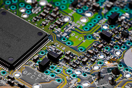 Macro Close up of printed wiring and components on PC circuit board