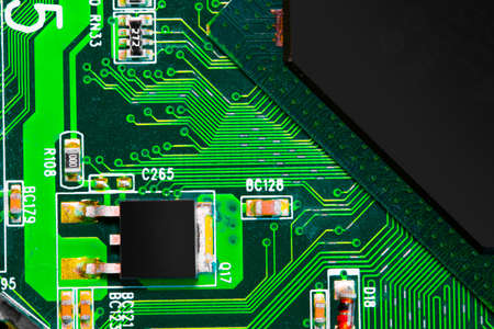 Macro Close up of components and microchips on PC circuit board