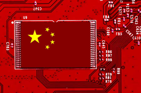 Chinese National Flag overlaid on PC micro chip on integrated circuit boardの写真素材