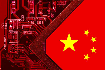 Chinese National Flag overlaid on PC micro chip on integrated circuit boardの写真素材