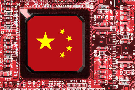 Chinese National Flag overlaid on PC micro chip on integrated circuit boardの写真素材