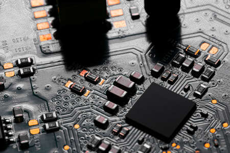 Macro Close up of components and microchips on PC circuit board