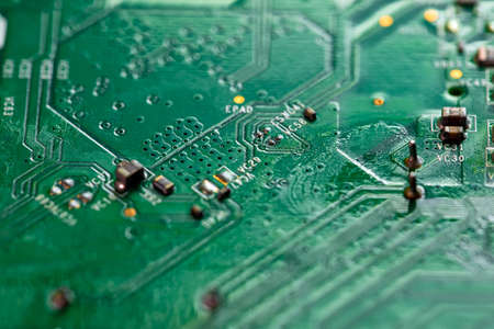 Macro Close up of printed wiring on PC circuit board of modem router
