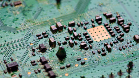 Macro Close up of printed wiring on PC circuit board of modem router