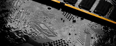 Macro Close up of computer RAM chip; random access memory chip slot for PC motherboardの写真素材