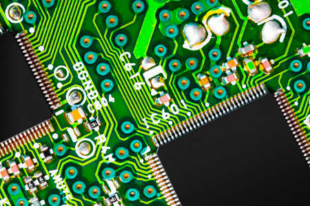 Macro Close up of components and microchips on PC circuit board