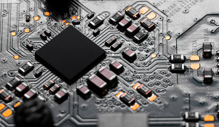 Macro Close up of components and microchips on PC circuit boardの写真素材