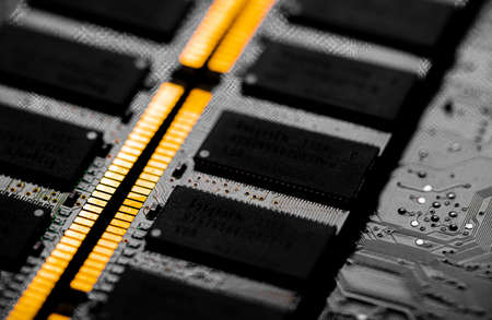 Macro Close up of computer RAM chip; random access memory chip slot for PC motherboardの写真素材