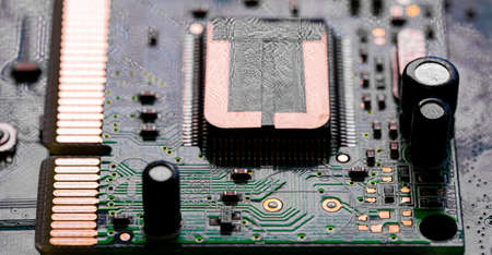 Macro Close up of components and microchips on PC circuit board