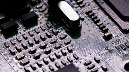 Macro Close up of components and microchips on PC circuit board