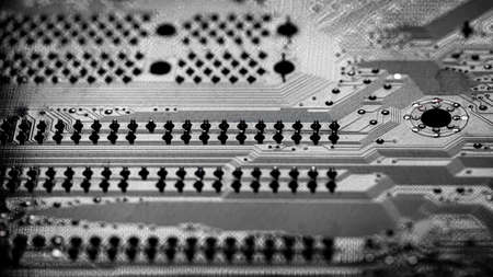 Macro Close up of printed wiring and soldering on PC circuit boardの写真素材