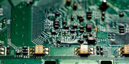 Macro Close up of printed wiring on PC circuit board of modem router