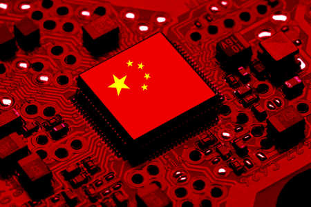Chinese National Flag overlaid on PC micro chip on integrated circuit boardの写真素材