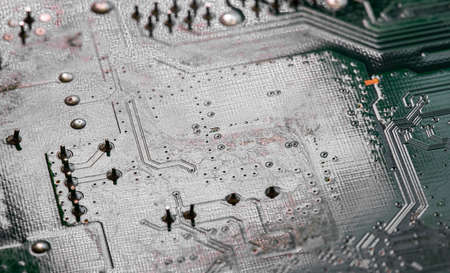 Macro Close up of printed wiring on PC circuit board of modem router