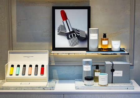 Cape Town, South Africa - March 15, 2022: Cosmetic products on display in Christian Dior retail storeのeditorial素材