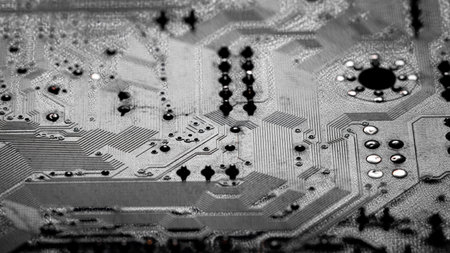 Macro Close up of printed wiring and soldering on PC circuit board