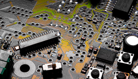 Macro Close up of printed wiring and components on PC circuit board
