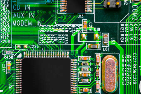 Macro Close up of components and microchips on PC circuit board