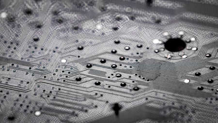 Macro Close up of printed wiring and soldering on PC circuit board