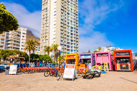 Cape Town, South Africa - May 12, 2022: Bicycle rental business on Sea Point beach front