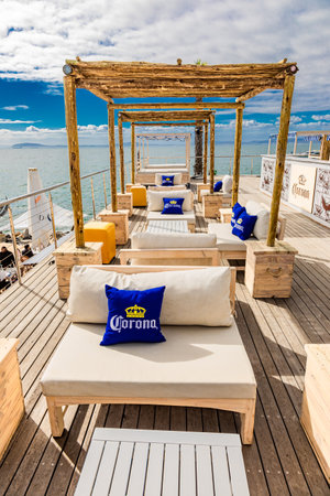 Cape Town, South Africa - May 12, 2022: Deck at Grand Africa Cafe and Beachfront bar and restaurantのeditorial素材