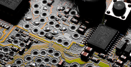 Macro Close up of printed wiring and components on PC circuit board