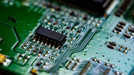 Macro Close up of components and microchips on PC circuit board of modem routerのeditorial素材