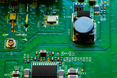 Macro Close up of components and microchips on PC circuit boardの写真素材