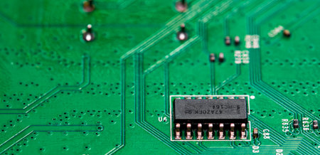 Macro Close up of printed wiring on PC circuit board of modem router