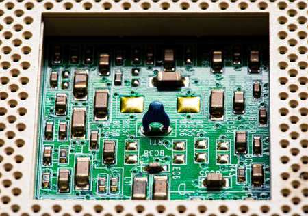 Macro Close up of components and microchips on PC circuit board.の写真素材
