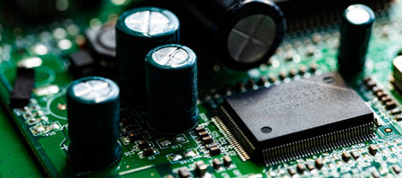 Macro Close up of components and microchips on PC circuit board of modem router
